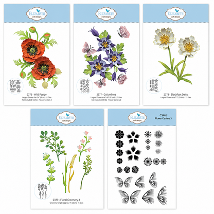 Elizabeth Craft Designs Bloom Wildly, Wild Poppy, Columbine, Blackfoot Daisy & Floral Greenery Die Sets plus 'Flower Centres 3' Stamp Set