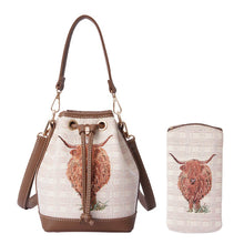 Signare Tapestry Highland Cow Bucket Bag with Zip Glasses Case