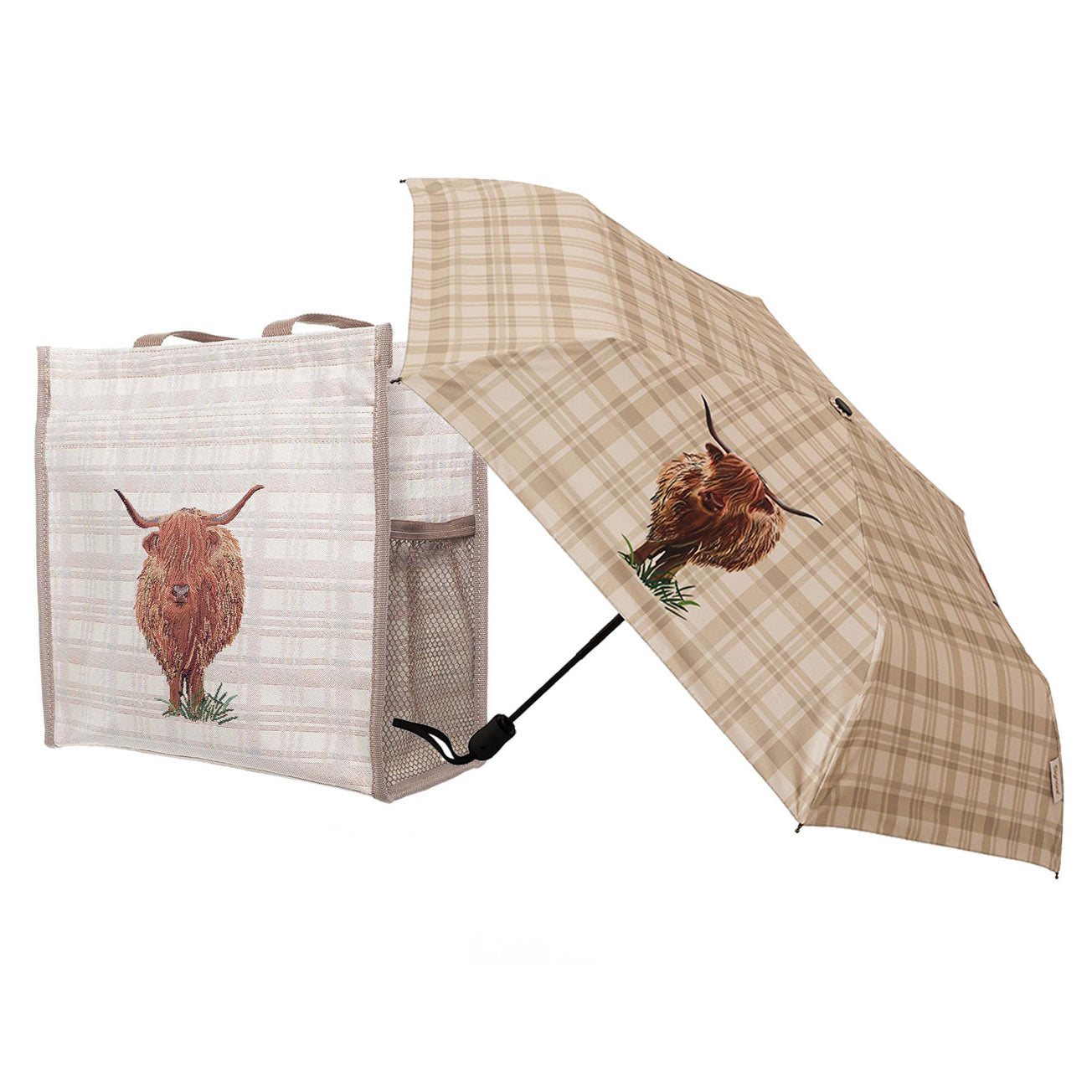 Signare Tapestry Highland Cow Automatic Umbrella with Shopper Bag