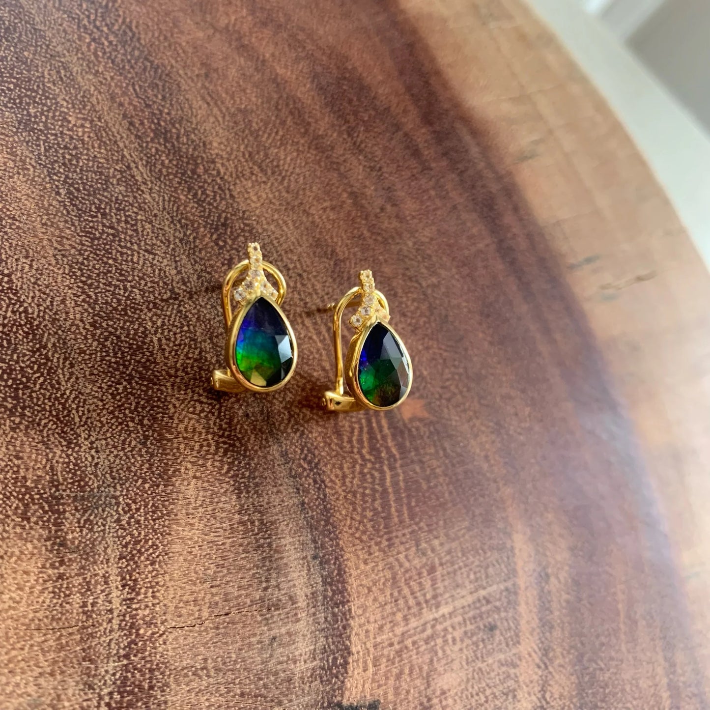 Canadian Ammolite Gems by Kenneth Bradley ‘Emma’ Pear Cut Earrings with White Topaz