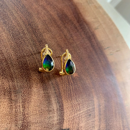Canadian Ammolite Gems by Kenneth Bradley ‘Emma’ Pear Cut Earrings with White Topaz