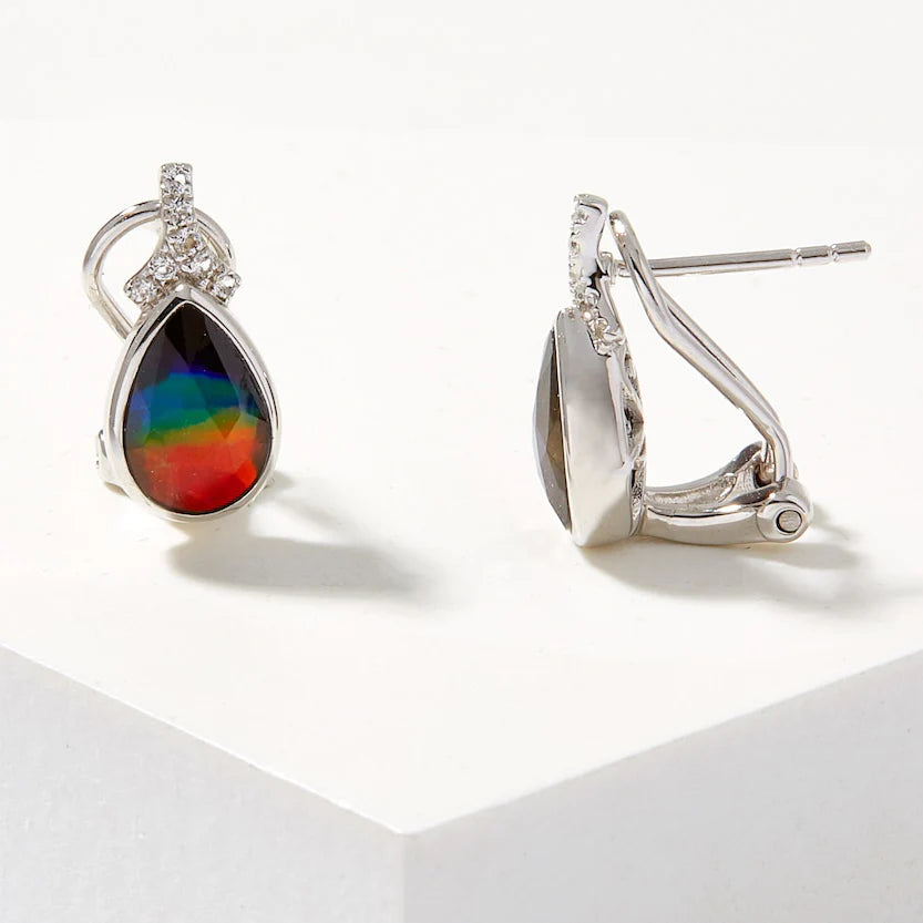 Canadian Ammolite Gems by Kenneth Bradley ‘Emma’ Pear Cut Earrings with White Topaz