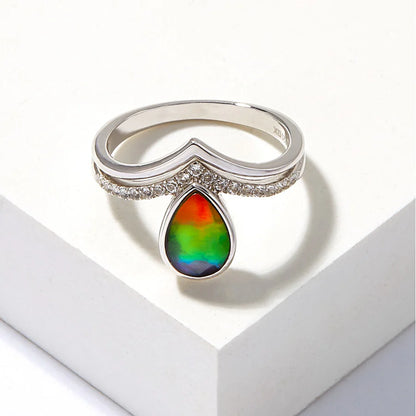 Canadian Ammolite Gems by Kenneth Bradley ‘Emma’ Pear Cut Ring in Rhodium Plated Sterling Silver