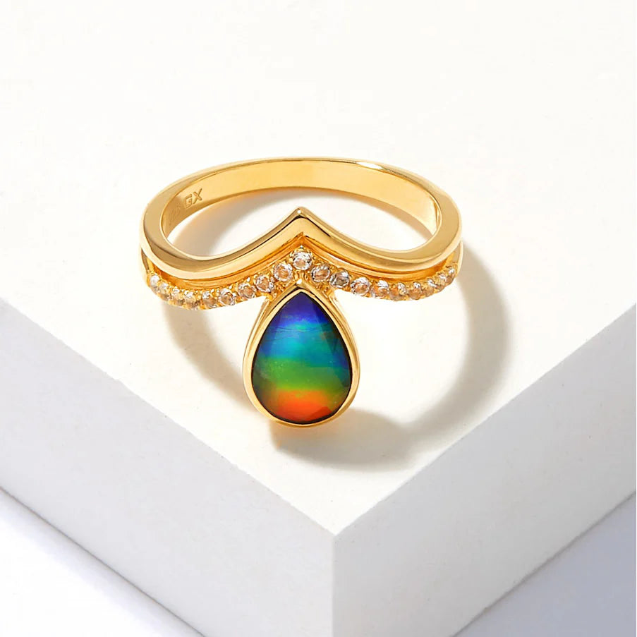 Canadian Ammolite Gems by Kenneth Bradley ‘Emma’ Pear Cut Ring in 14k Yellow Gold