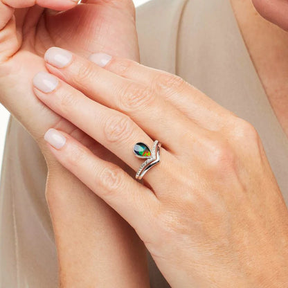 Canadian Ammolite Gems by Kenneth Bradley ‘Emma’ Pear Cut Ring in Rhodium Plated Sterling Silver