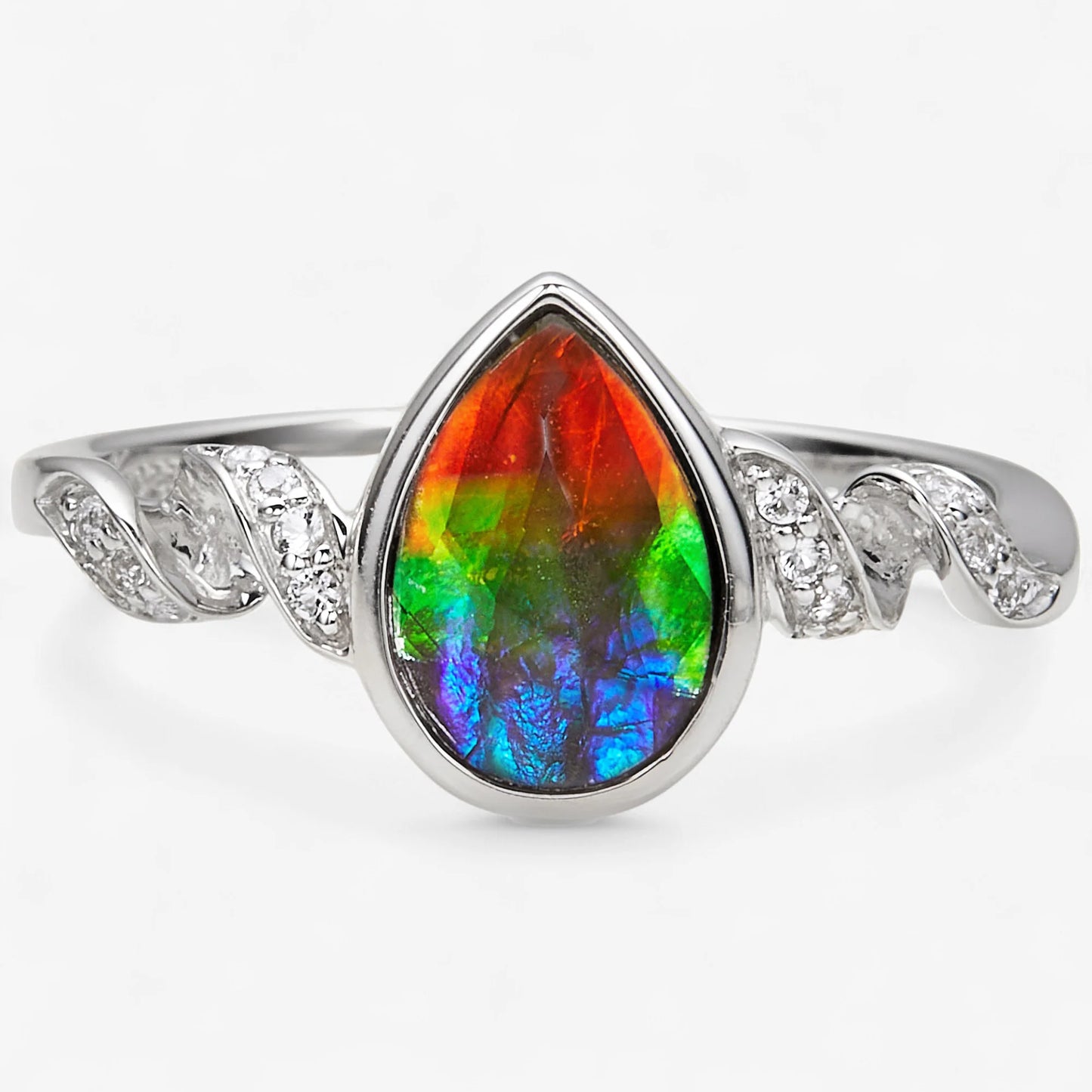Canadian Ammolite Gems by Kenneth Bradley 'Evan' Ring in Rhodium Plated Sterling Silver
