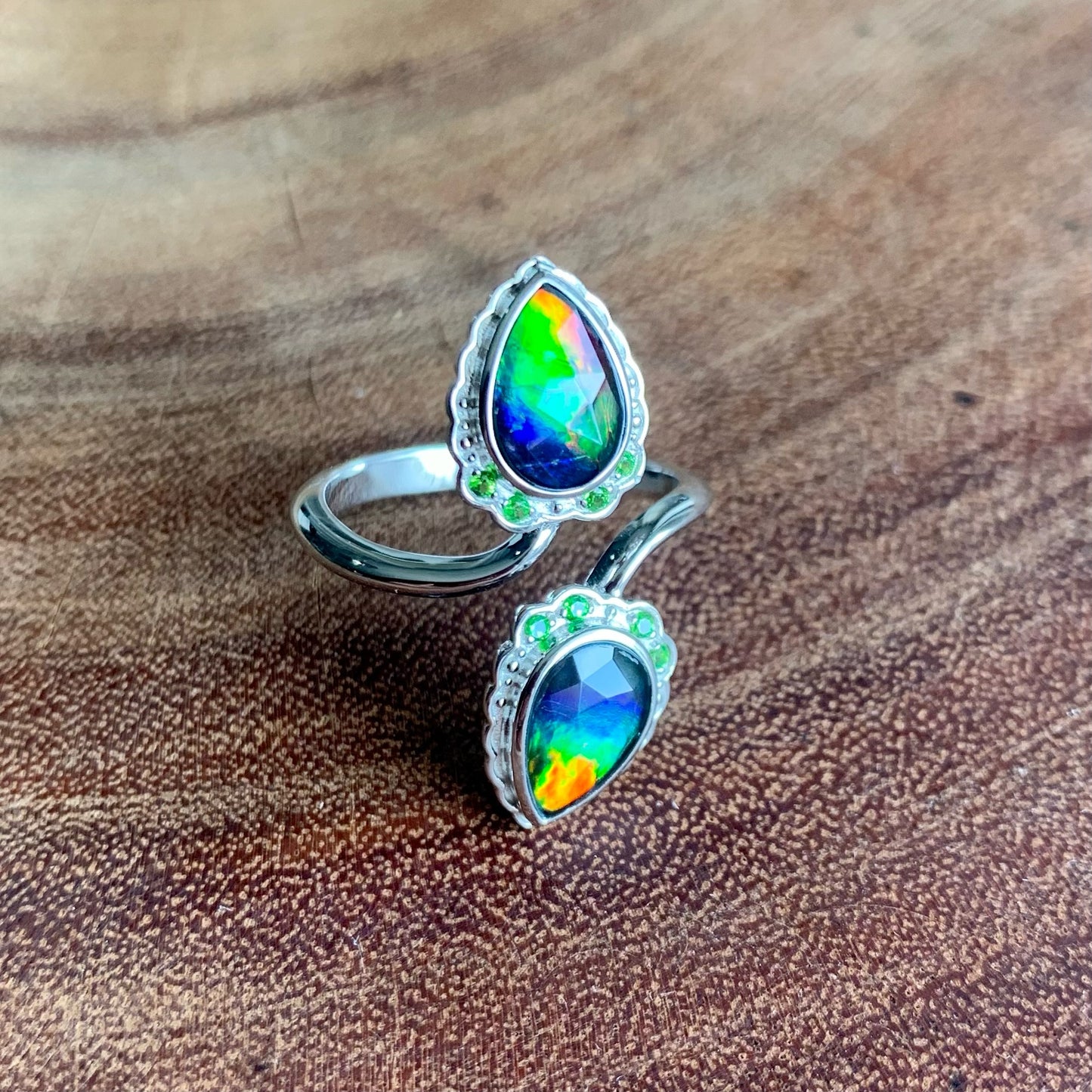 Canadian Ammolite Gems by Kenneth Bradley ‘Francis’ Ring with Chrome Diopside in Rhodium Plated Sterling Silver