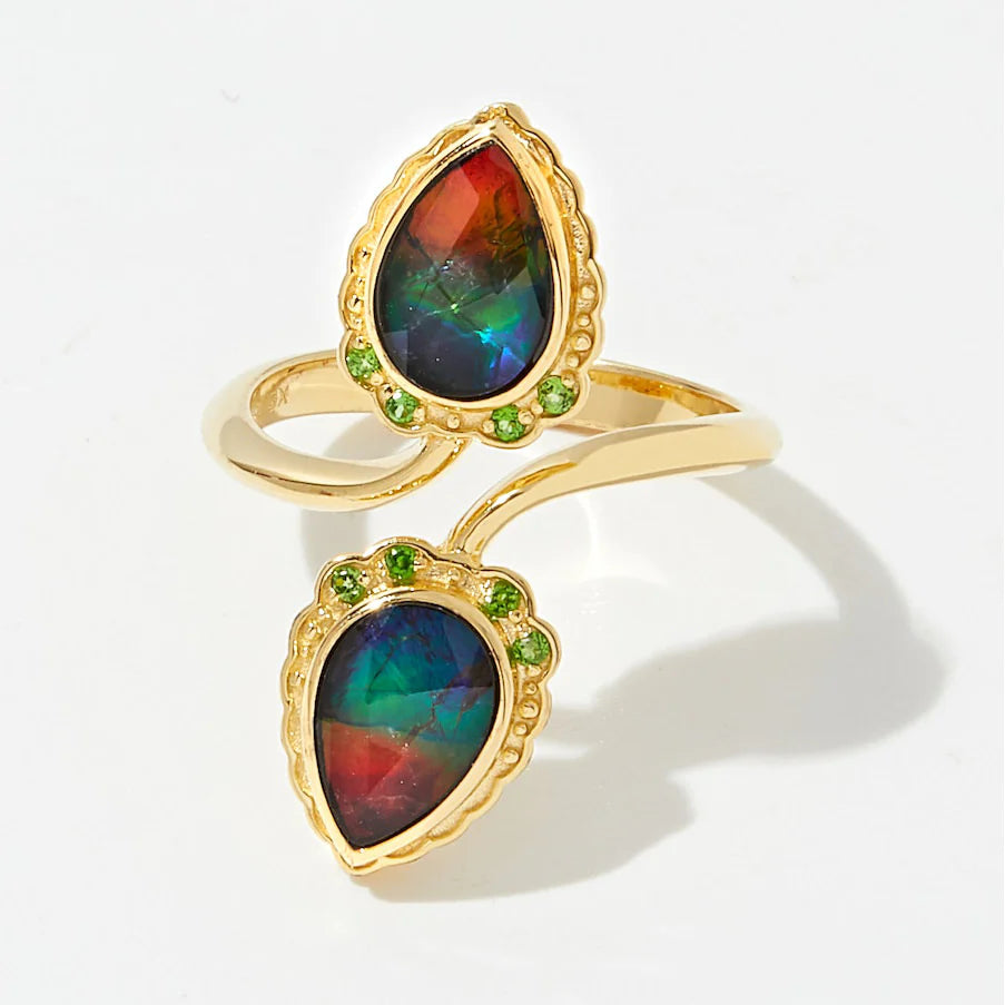 Canadian Ammolite Gems by Kenneth Bradley ‘Francis’ Ring with Chrome Diopside in 14k Yellow Gold