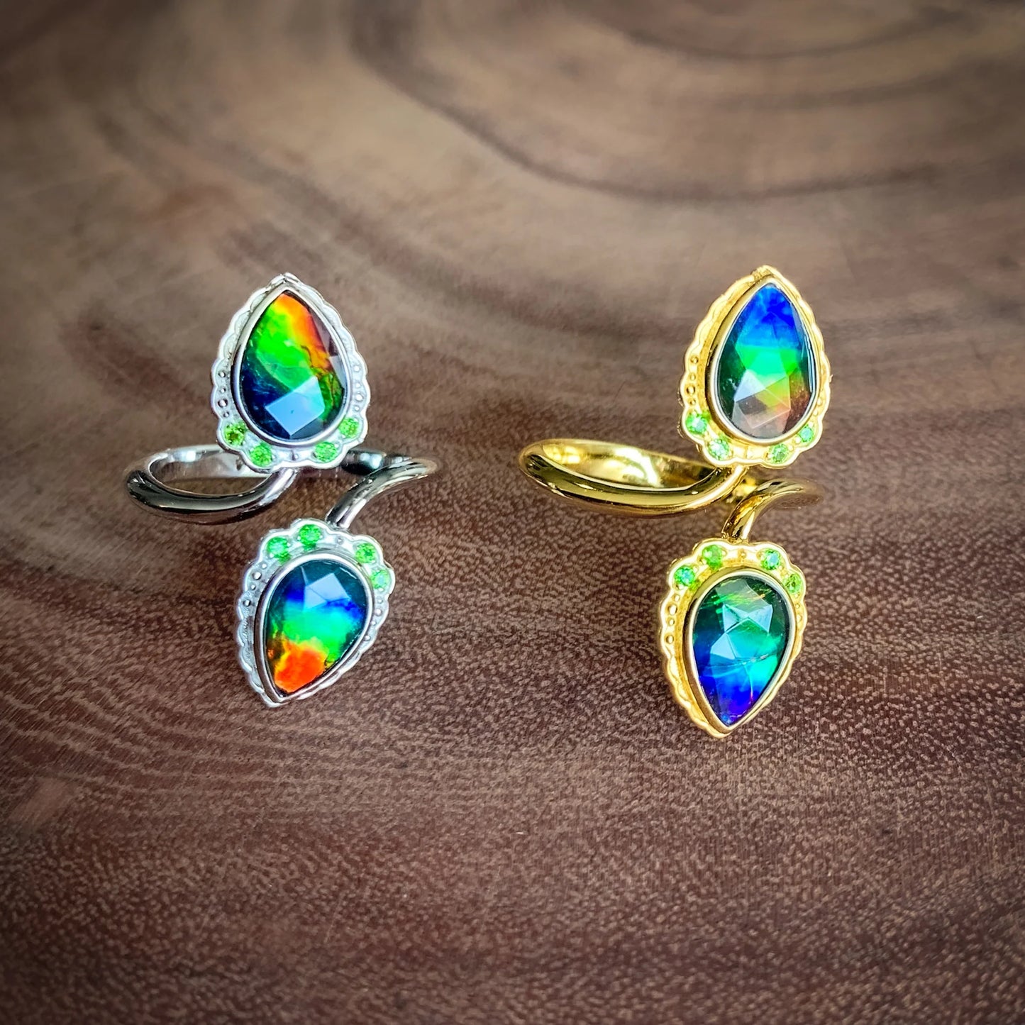 Canadian Ammolite Gems by Kenneth Bradley ‘Francis’ Ring with Chrome Diopside in 14k Yellow Gold