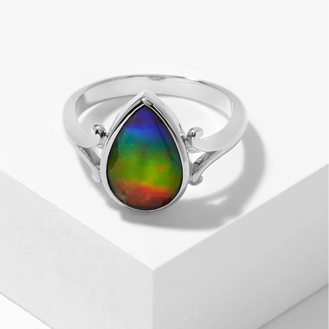 Canadian Ammolite Gems by Kenneth Bradley 'Jodi' Ring in Rhodium Plated Sterling Silver