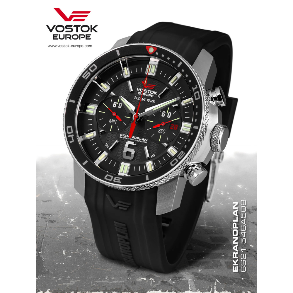 Vostok Europe Ekranoplan 6S21-546A508 Chronograph Watch - Black Silicone Strap
