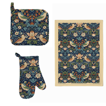 William Morris Gallery Kitchen Set - Single Oven Glove, Pot Holder & Tea Towel - Strawberry Thief Navy