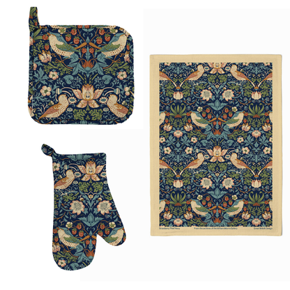 William Morris Gallery Kitchen Set - Single Oven Glove, Pot Holder & Tea Towel - Strawberry Thief Navy