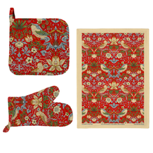William Morris Gallery Kitchen Set - Single Oven Glove, Pot Holder & Tea Towel - Strawberry Thief Red