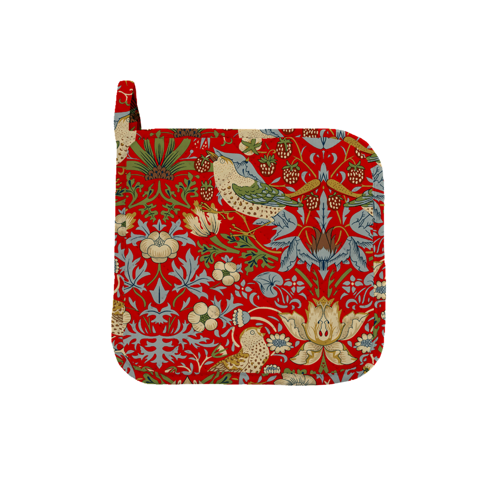 William Morris Gallery Kitchen Set - Single Oven Glove, Pot Holder & Tea Towel - Strawberry Thief Red