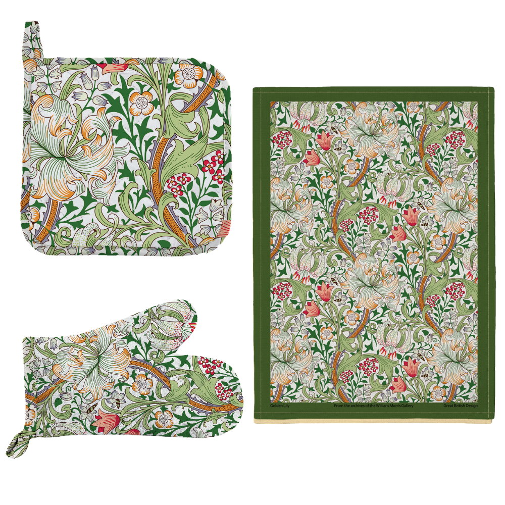William Morris Gallery Kitchen Set - Single Oven Glove, Pot Holder & Tea Towel - Golden Lily