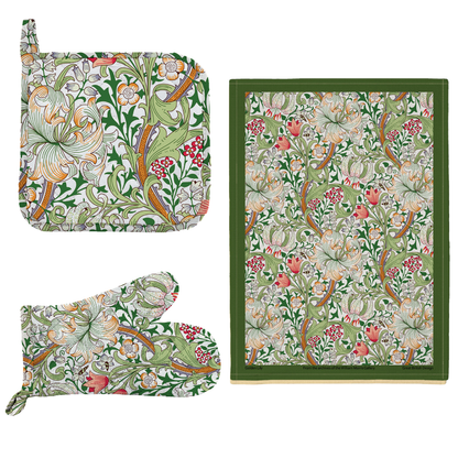 William Morris Gallery Kitchen Set - Single Oven Glove, Pot Holder & Tea Towel - Golden Lily