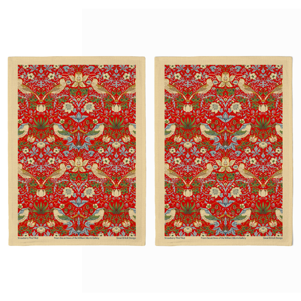 William Morris Gallery Set - 2 Tea Towels 70cm x 50cm - Strawberry Thief Red