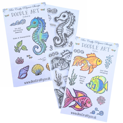 Bee Crafty 2 x A6 Doodle Art Stamps - Fishes & Seahorse