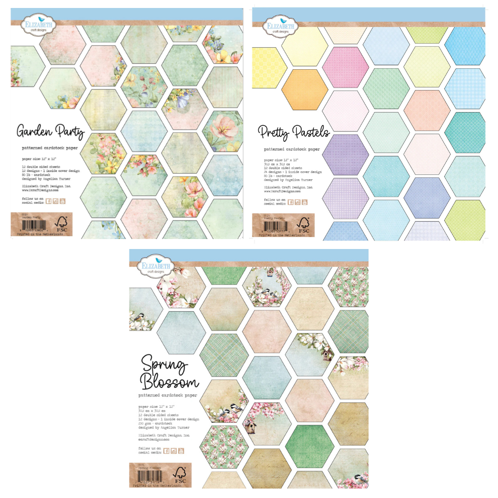 Elizabeth Craft 12" x 12" Spring Blossom, Garden Party & Pretty Pastels Double-Sided Patterned Papers - 12 Sheets - 250gsm