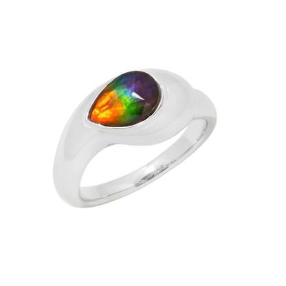 Canadian Ammolite Gems by Kenneth Bradley 'Naomi' Ring in Rhodium Plated Sterling Silver