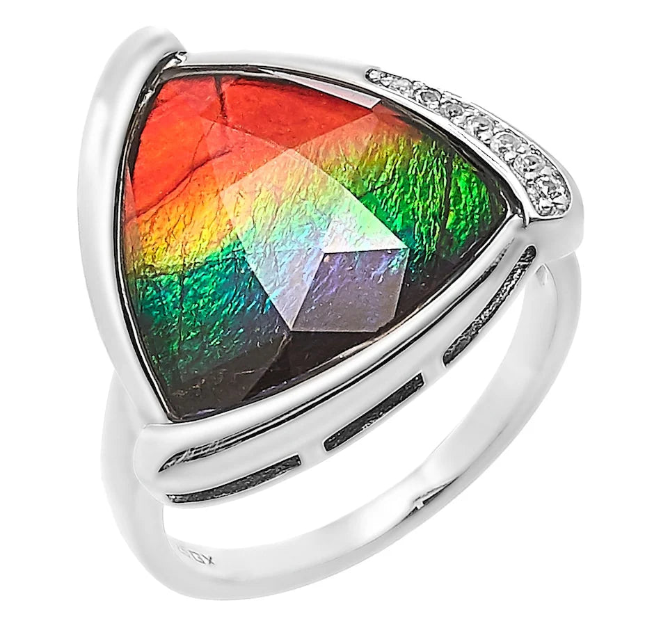 Canadian Ammolite Gems by Kenneth Bradley 'Marlo' Ring in Rhodium Plated Sterling Silver