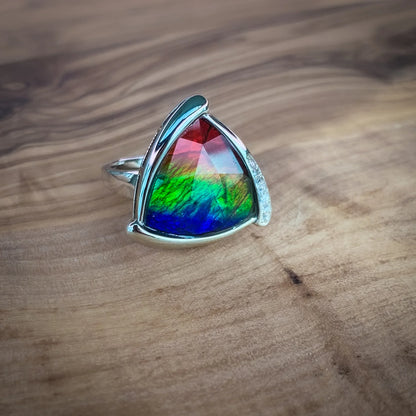 Canadian Ammolite Gems by Kenneth Bradley 'Marlo' Ring in Rhodium Plated Sterling Silver