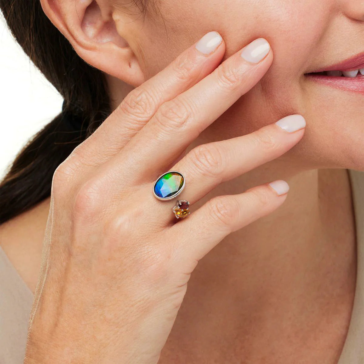 Canadian Ammolite Gems by Kenneth Bradley ‘Olivia’ Ring with Blue Topaz & Peridot