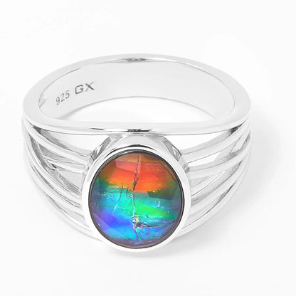 Canadian Ammolite Gems by Kenneth Bradley 'Robin' Ring in Rhodium Plated Sterling Silver