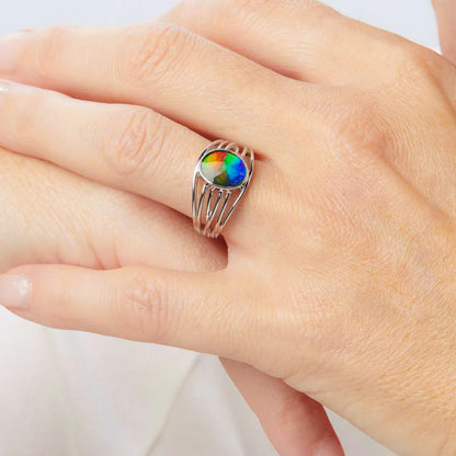 Canadian Ammolite Gems by Kenneth Bradley 'Robin' Ring in Rhodium Plated Sterling Silver