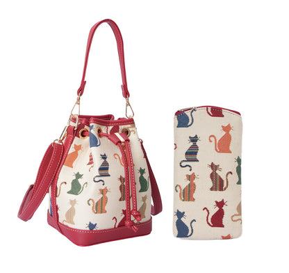 Signare Tapestry Cheeky Cat Bucket Bag with Zip Glasses Case