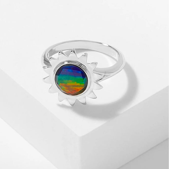 Canadian Ammolite Gems by Kenneth Bradley Sunflower Ring in Rhodium Plated Sterling Silver