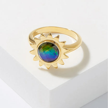 Canadian Ammolite Gems by Kenneth Bradley Sunflower Ring in 14k Yellow Gold