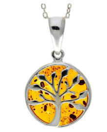 925 Sterling Silver & Genuine Baltic Amber Tree of Life Pendant