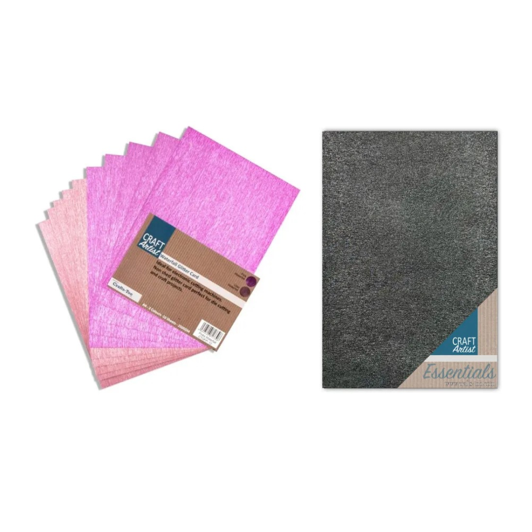 Craft Artist Waterfall Glitter Card Pinks & Black - 20 Sheets Total