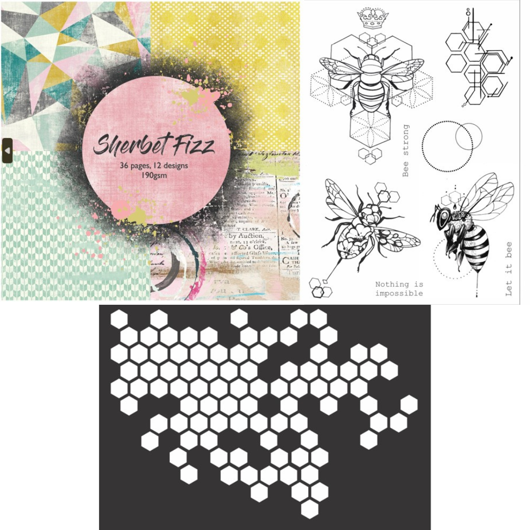 Funky Fossil A5 Let It Bee Stamp Set, Sherbet Fizz 8x8 Paper Pad & A5 Honeycomb Stencil