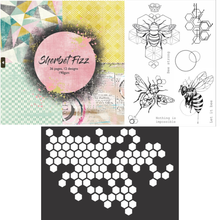 Funky Fossil A5 Let It Bee Stamp Set, Sherbet Fizz 8x8 Paper Pad & A5 Honeycomb Stencil