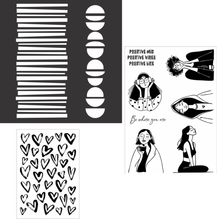 Funky Fossil A5 Positive Vibes Stamp Set, A6 Brushstroke Hearts Stamp & Bold Borders 8x8 Stencil