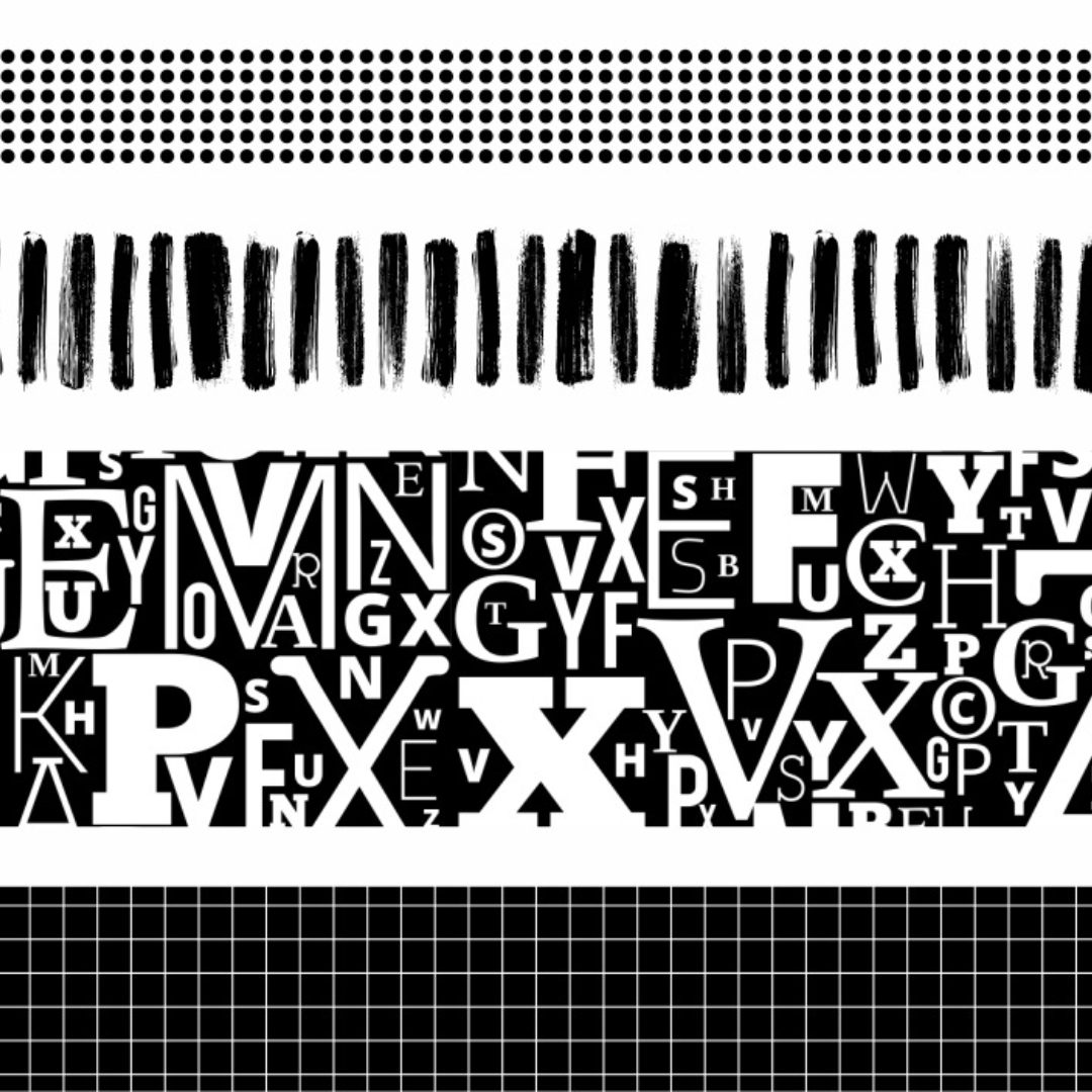 Funky Fossil 4 x Monochrome Washi Tapes - 1 x 30mm Wide, 2 x 15mm Wide & 1 x 10mm Wide