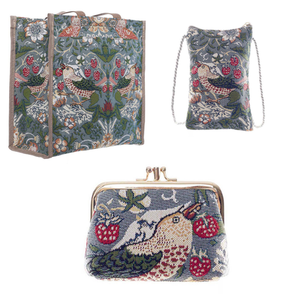 Signare Tapestry William Morris Shopper, Smart Phone Bag & Frame Purse Strawberry Thief Grey