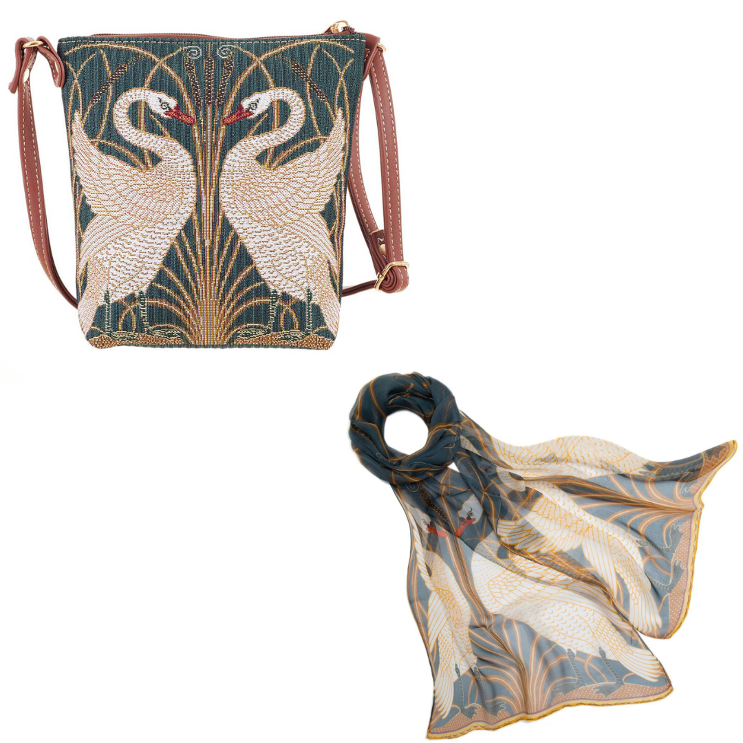 Signare Tapestry William Morris Walter Crane Swan Sling Bag with Silk Scarf