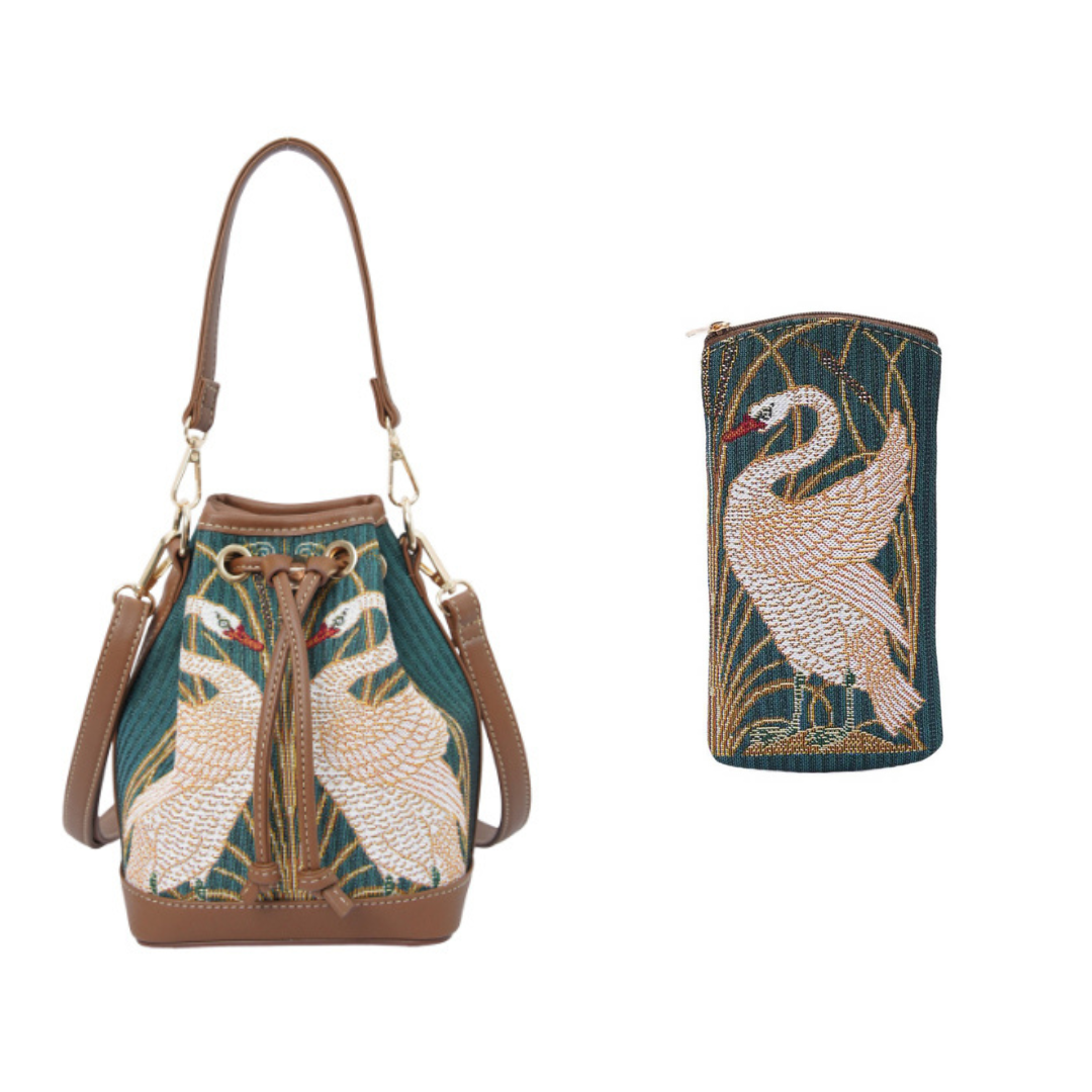 Signare Tapestry William Morris Walter Crane Swan Bucket Bag with Glasses Case