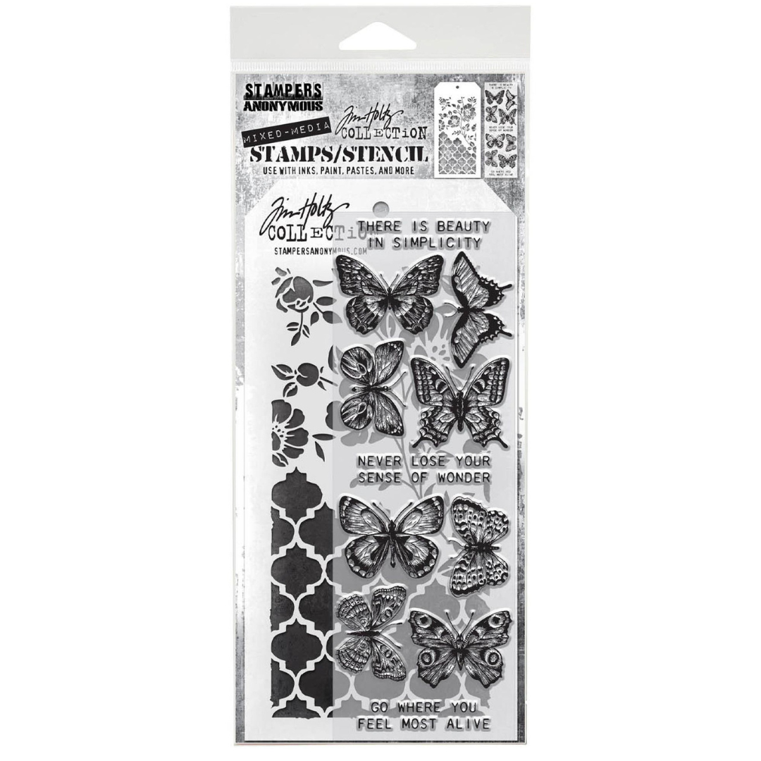 Tim Holtz Mixed Media Stamps & Stencil Set #44 - Flutter