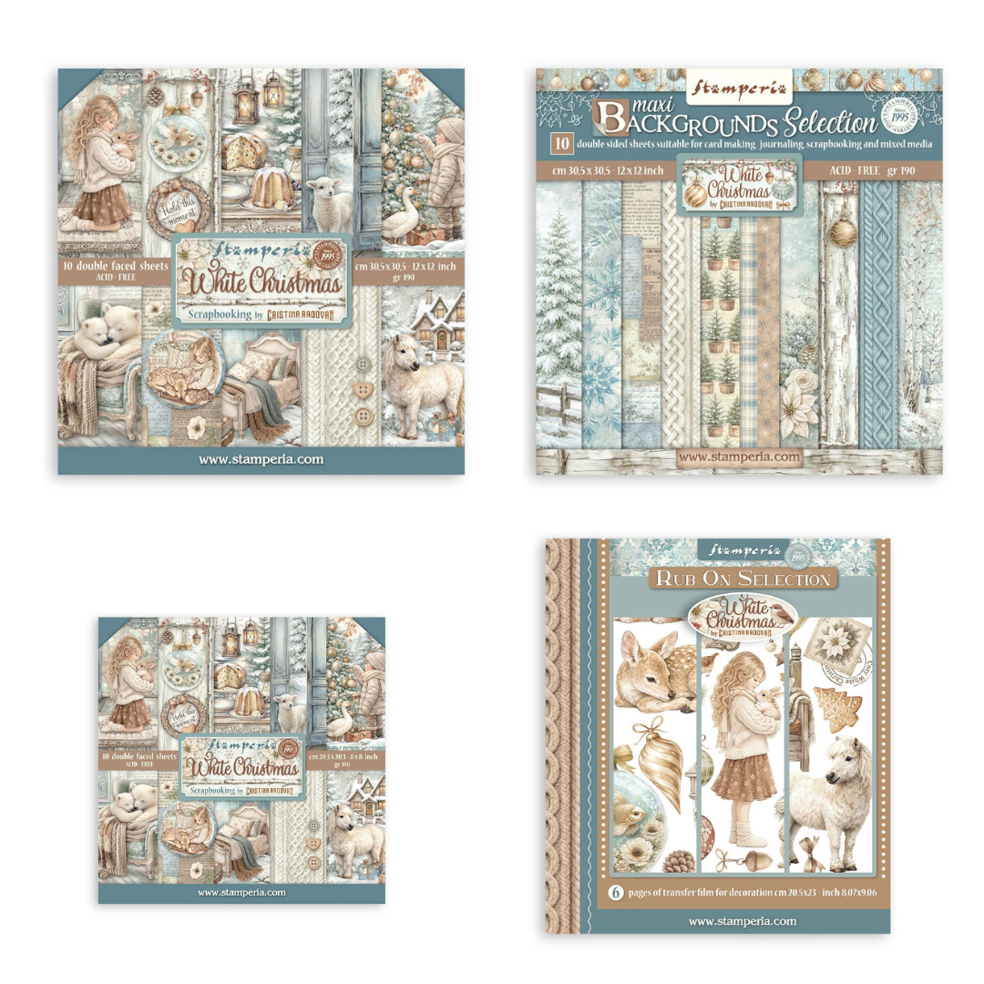 Stamperia White Christmas 12x12 & 8x8 Paper Packs, 12x12 Backgrounds Paper Pack & Rub-Ons by Cristina Radovan
