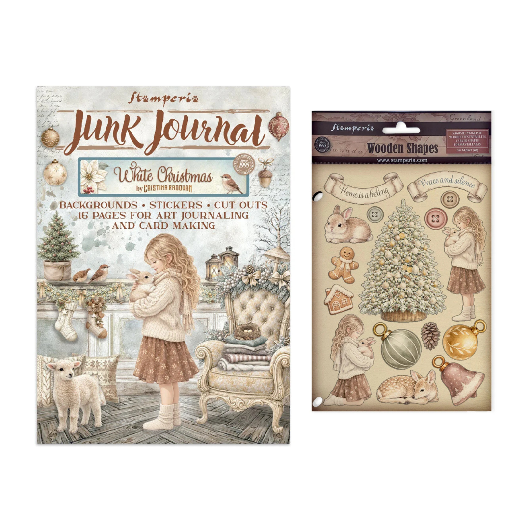Stamperia White Christmas Junk Journal &  A5 Colored Wooden Shapes by Cristina Radovan
