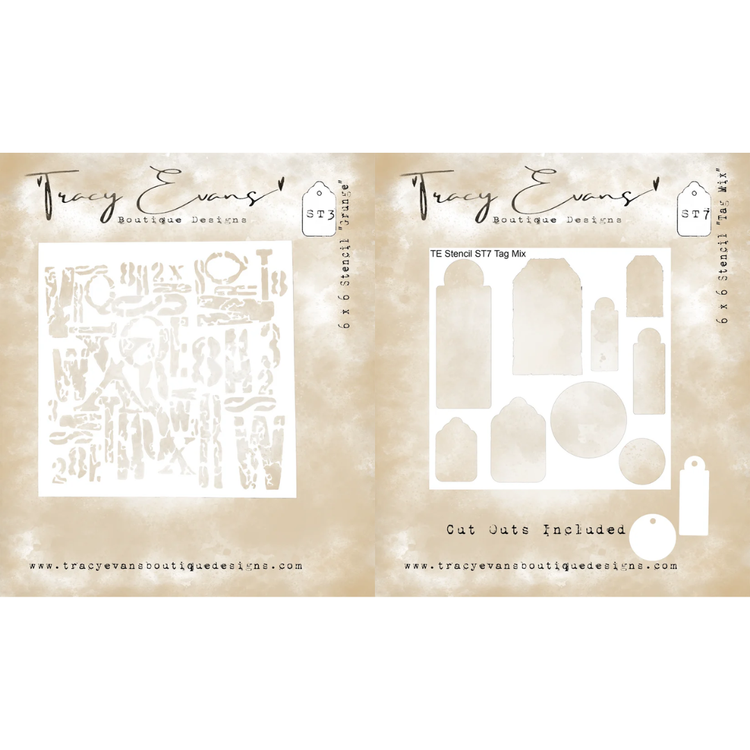 Tracy Evans Grunge & Tag Stencil Mix - 2 x 6x6" Stencils