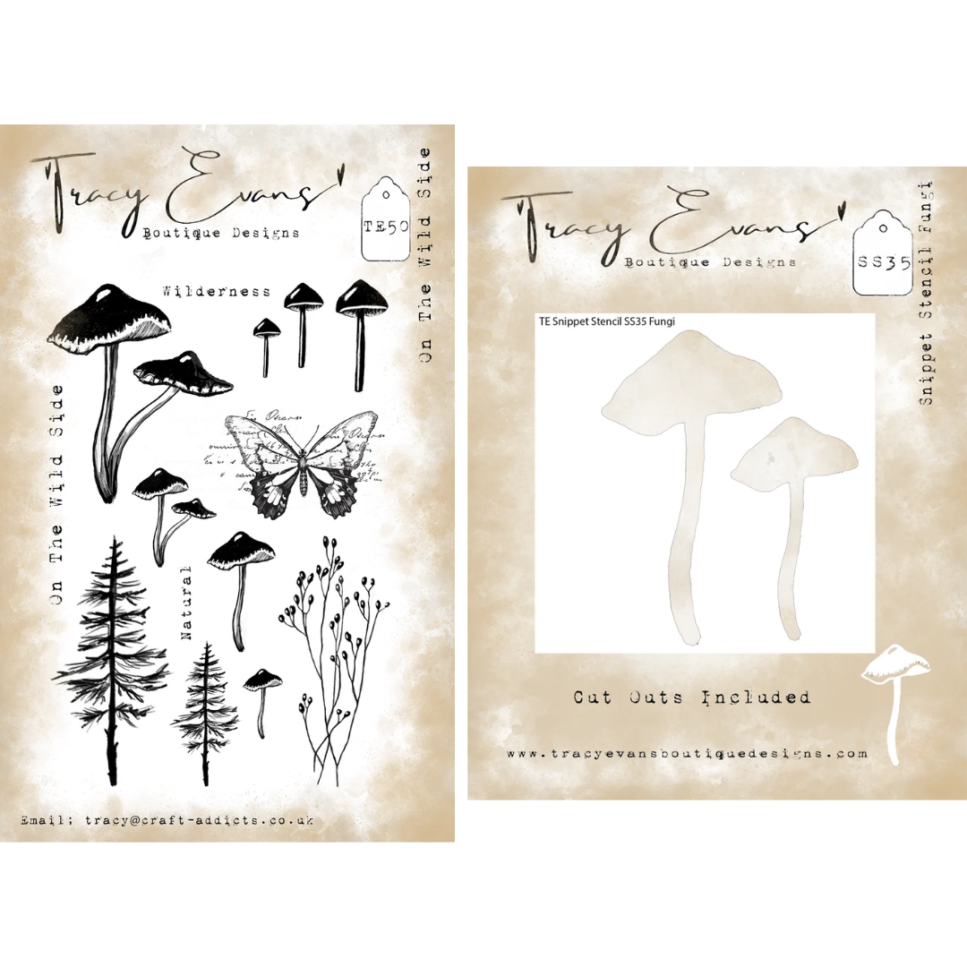 Tracy Evans On The Wild Side A6 Stamp Set & 4x4" Fungi Snippet Stencil