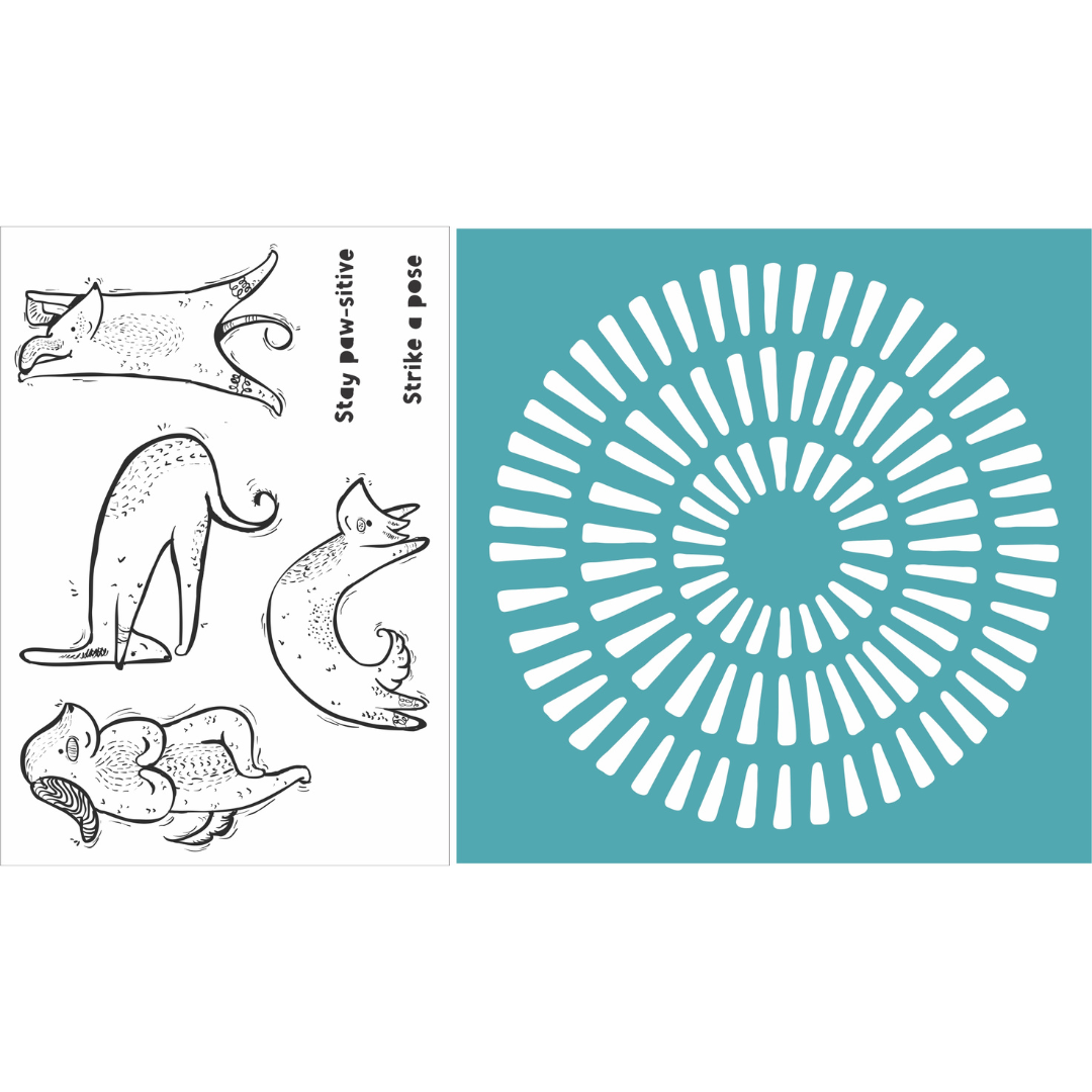 Funky Fossil A6 Downward Facing Dogs Stamp Set & 6x6" Funky Circle Stencil