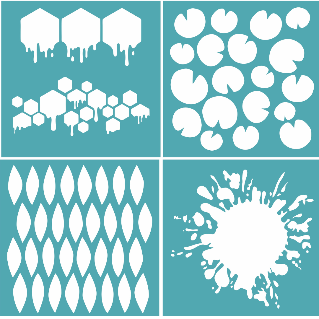 Funky Fossil Whimsical 6x6 Stencil Backgrounds - Lots of Pods, My Pad, Make it Splatter and Sweet As Honey