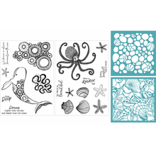 Funky Fossil A5 Stamp Sets - Dream Whale, Weirdly Beautiful and 2 Stencils - Pebble Shore, Sea in Bloom